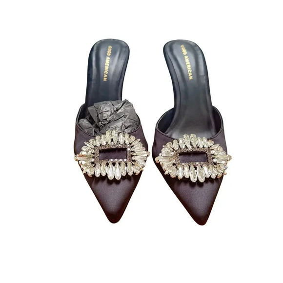 New GOOD AMERICAN Jeweled Glass Slipper Black Satin 4" Heel Mules Women's 9.5 - Picture 1 of 10